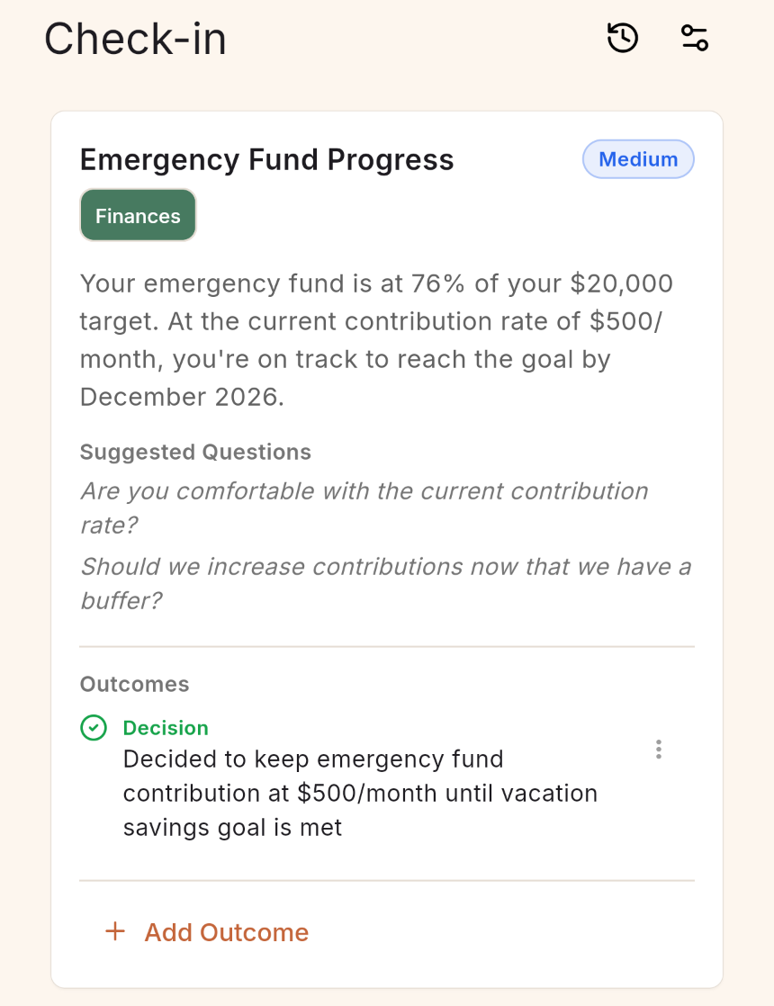Screenshot of Deena's Check-in feature showing an agenda and discussion topics for a money date