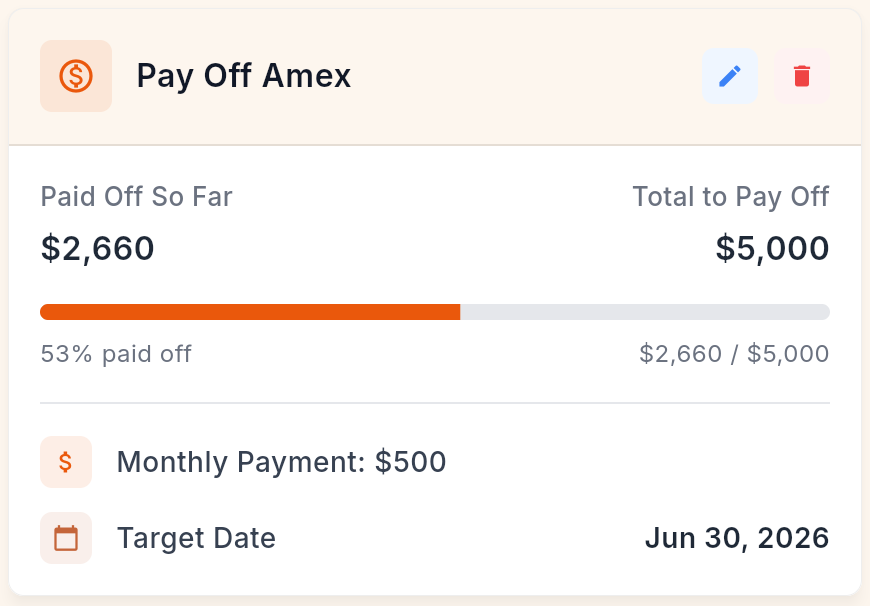 Screenshot of Deena's financial goal tracking feature showing progress against a savings goal