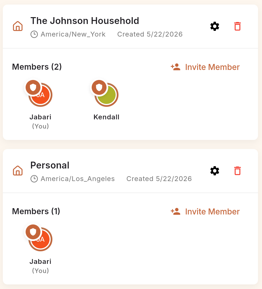 Screenshot of Deena's household management feature showing separate and shared households