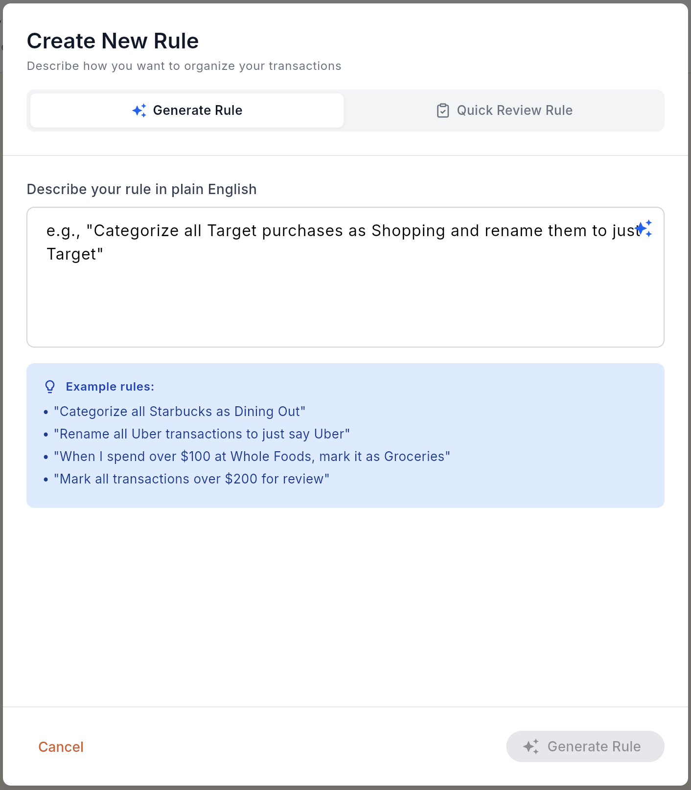 Screenshot of Deena's transaction review rule configuration